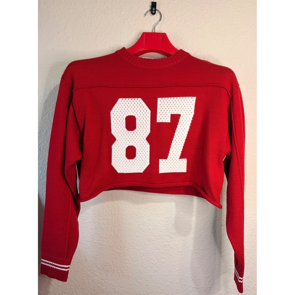 Vintage Athletic Inspired Red Cropped Sweater Varsity Graphic Small Football